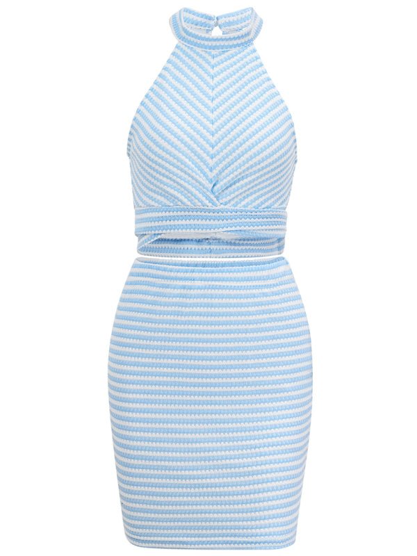 New solid color halter neck crop top strap suit skirt - Skirt Suit